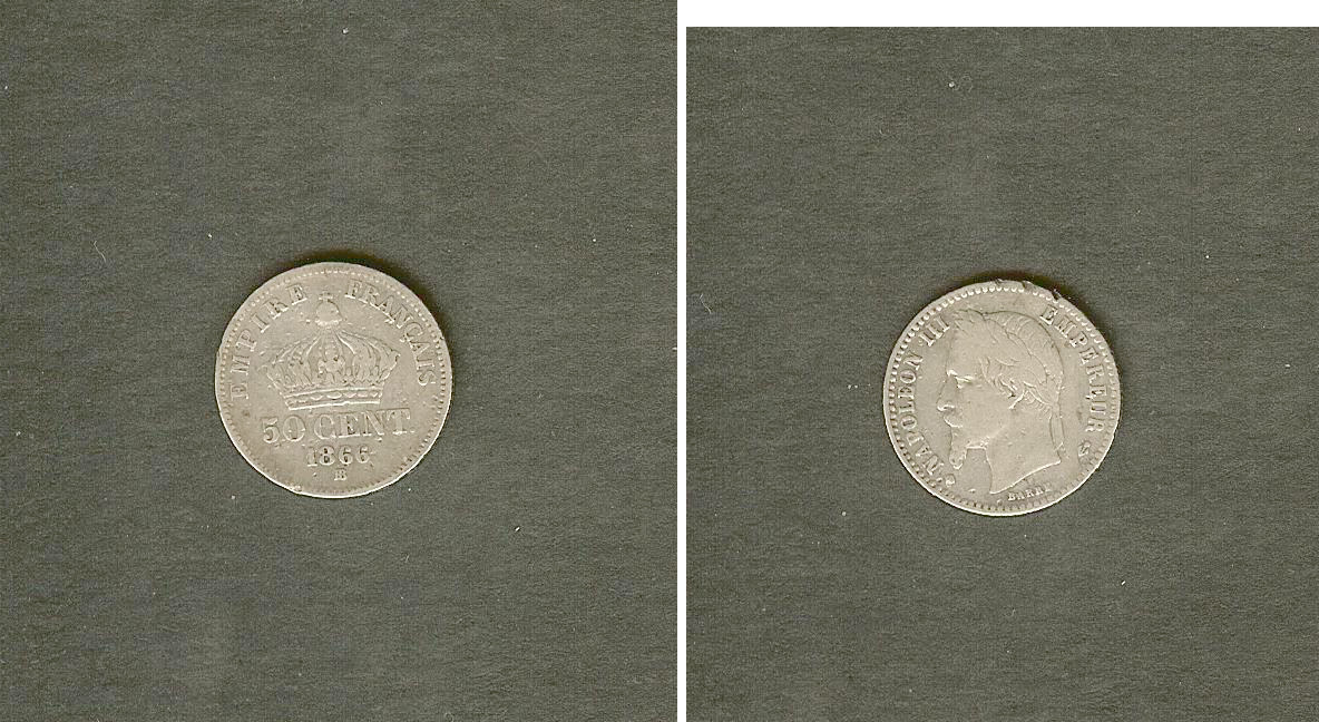 50 centimes Napoléon III, tête laurée 1866 Strasbourg TB+